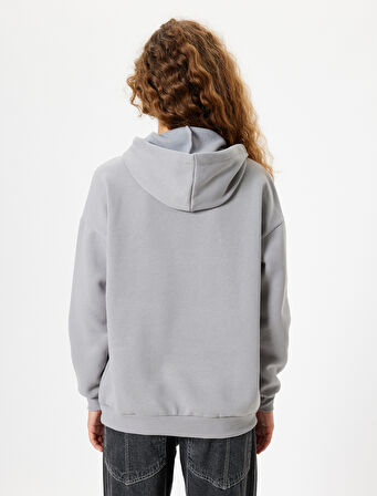 Oversize Kapüşonlu Sweatshirt Ayı Baskılı Sloganlı Şardonlu