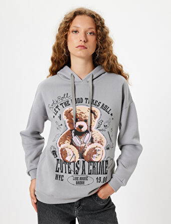 Oversize Kapüşonlu Sweatshirt Ayı Baskılı Sloganlı Şardonlu