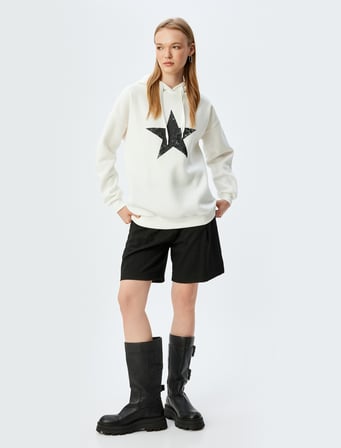 Arkası Baskılı Oversize Sweatshirt Kapüşonlu Uzun Kollu