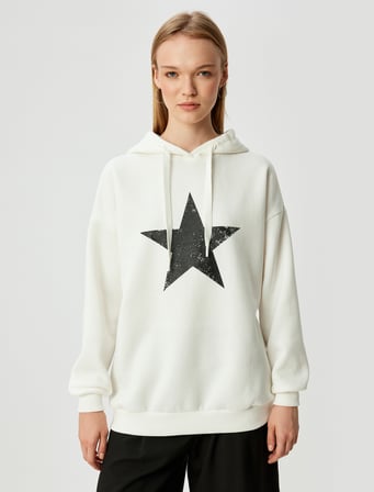 Arkası Baskılı Oversize Sweatshirt Kapüşonlu Uzun Kollu