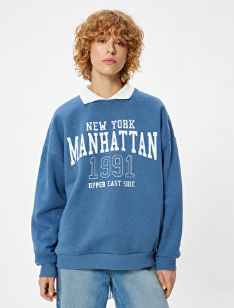 Polo Yaka Sweatshirt Kolej Baskılı Uzun Kollu