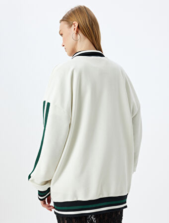 Polo Yaka Sweatshirt Oversize Kolej İşlemeli Şerit Detaylı Düğmeli Şardonlu