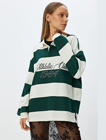 Polo Yaka Sweatshirt Oversize Kolej Baskılı Renk Bloklu Şardonlu