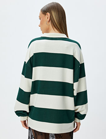 Polo Yaka Sweatshirt Oversize Kolej Baskılı Renk Bloklu Şardonlu