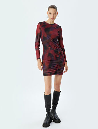 Tül Elbise Mini Drapeli Batik Desenli Bisiklet Yaka Uzun Kollu Slim Fit