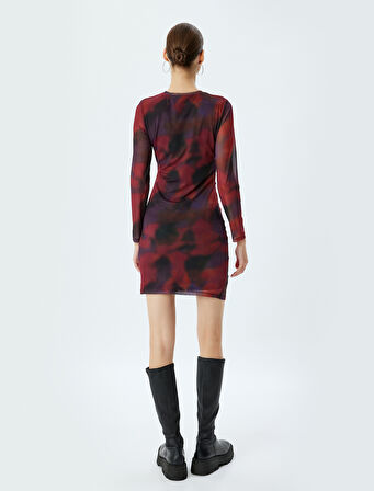 Tül Elbise Mini Drapeli Batik Desenli Bisiklet Yaka Uzun Kollu Slim Fit