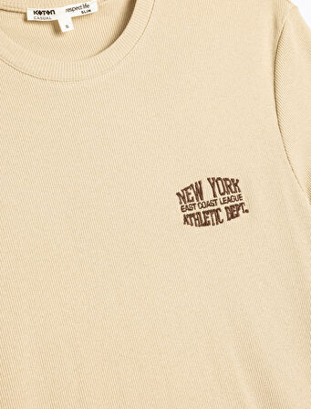 Slim Fit Tişört Slogan İşlemeli Kısa Kollu Bisiklet Yaka Pamuklu