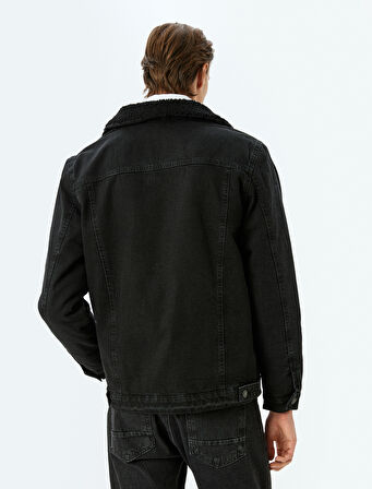 Pamuklu Kapaklı Cepli Peluş Yaka Detaylı Kot Ceket