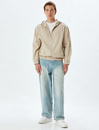 Fermuarlı Pamuklu Cep Detaylı İşlemeli Kapşonlu Kot Ceket