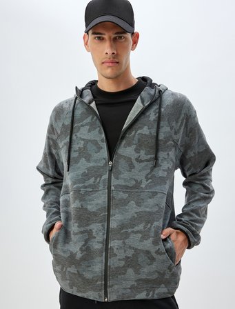 Spor Sweatshirt Kapşonlu Fermuarlı Scuba Kumaş Kamuflaj Desenli Cep Detaylı Viskon Karışımlı