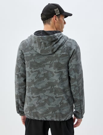Spor Sweatshirt Kapşonlu Fermuarlı Scuba Kumaş Kamuflaj Desenli Cep Detaylı Viskon Karışımlı