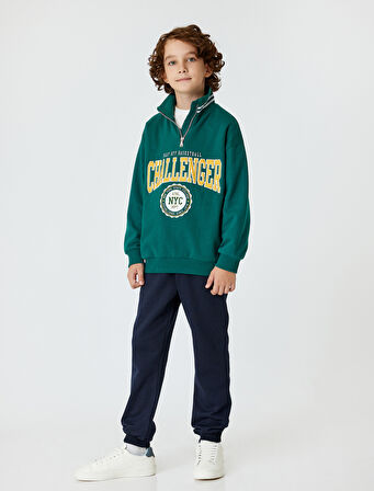 Sweatshirt Dik Yaka Yarım Fermuarlı Kolej Baskılı Pamuklu