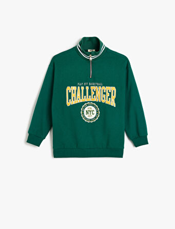 Sweatshirt Dik Yaka Yarım Fermuarlı Kolej Baskılı Pamuklu