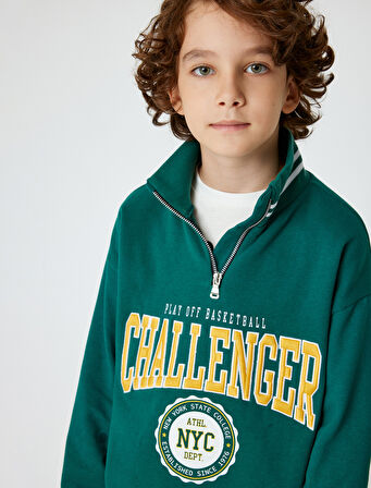 Sweatshirt Dik Yaka Yarım Fermuarlı Kolej Baskılı Pamuklu