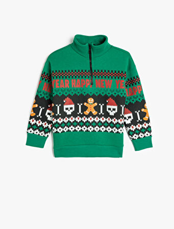 Sweatshirt Yılbaşı Temalı Dik Yaka Yarım Fermuarlı Kuru Kafa Baskılı