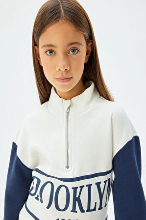 Koton Kız Çocuk Sweatshirt Dik Yaka Yarım Fermuarlı Şehir Baskılı Uzun Kollu