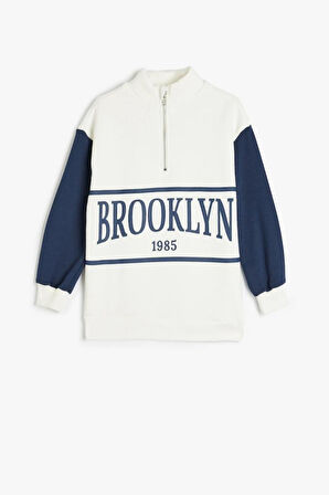 Koton Kız Çocuk Sweatshirt Dik Yaka Yarım Fermuarlı Şehir Baskılı Uzun Kollu