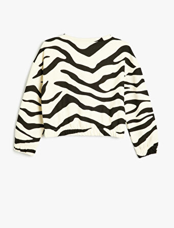 Crop Sweatshirt Desenli Yuvarlak Yaka Uzun Kollu Pamuklu
