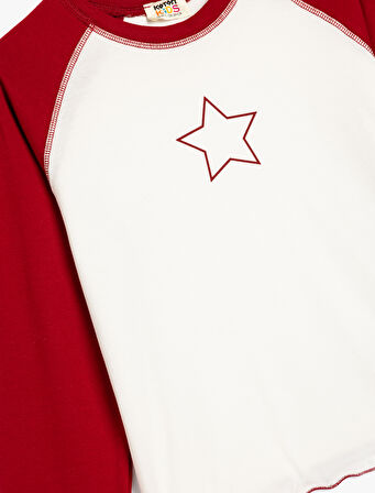 Tişört Yıldız Baskılı Uzun Kollu Bisiklet Yaka Pamuklu