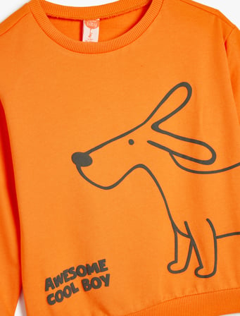 Sweatshirt Bisiklet Yaka Köpek Baskılı Uzun Kollu