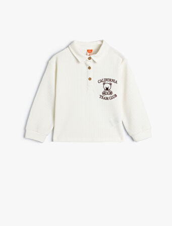 Polo Yaka Sweatshirt İşleme Detaylı Uzun Kollu Dokulu