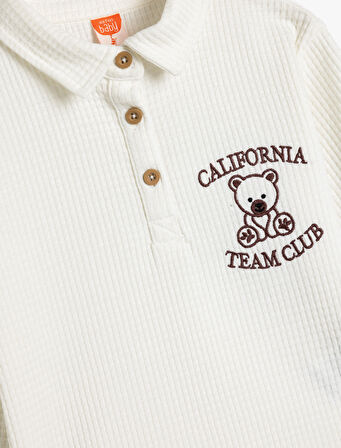 Polo Yaka Sweatshirt İşleme Detaylı Uzun Kollu Dokulu