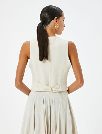 Keten Karışımlı Yelek Astarlı V Yaka Gold Düğmeli