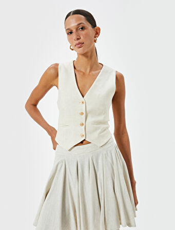 Keten Karışımlı Yelek Astarlı V Yaka Gold Düğmeli