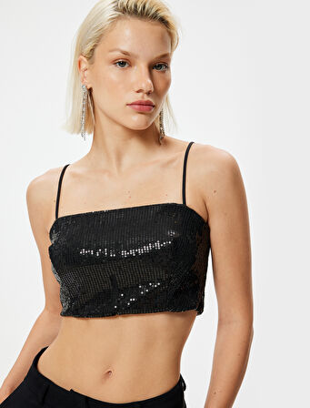 Pullu Payetli Bluz Crop İp Askılı Slim Fit
