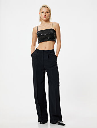 Pullu Payetli Bluz Crop İp Askılı Slim Fit