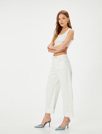 Yüksek Bel Kot Pantolon Katmanlı Düz Paça Cepli - Barrel Fit Jeans