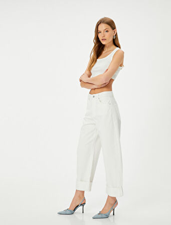Yüksek Bel Kot Pantolon Katmanlı Düz Paça Cepli - Barrel Fit Jeans