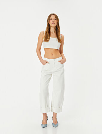 Yüksek Bel Kot Pantolon Katmanlı Düz Paça Cepli - Barrel Fit Jeans