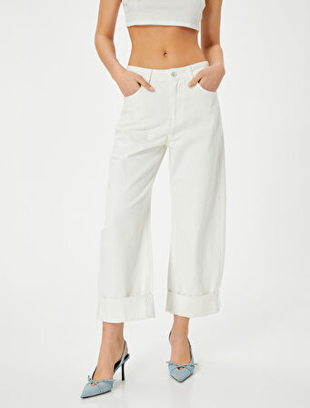 Yüksek Bel Kot Pantolon Katmanlı Düz Paça Cepli - Barrel Fit Jeans