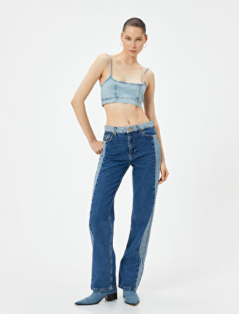 Çift Renk Düz Paça Kot Pantolon Yüksek Bel Cepli - Nora Longer Straight Jeans 