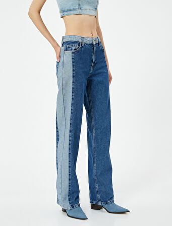 Çift Renk Düz Paça Kot Pantolon Yüksek Bel Cepli - Nora Longer Straight Jeans 