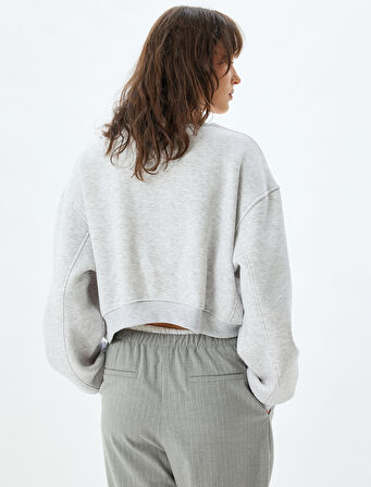 Basic Crop Sweatshirt Bisiklet Yaka Üç İplik Şardonlu