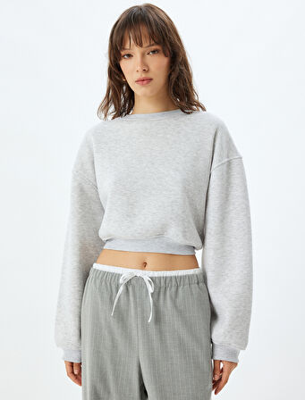 Basic Crop Sweatshirt Bisiklet Yaka Üç İplik Şardonlu