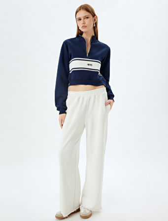 Renk Bloklu Üç İplik Şardonlu Yarım Fermuar Detaylı Crop Sweatshirt