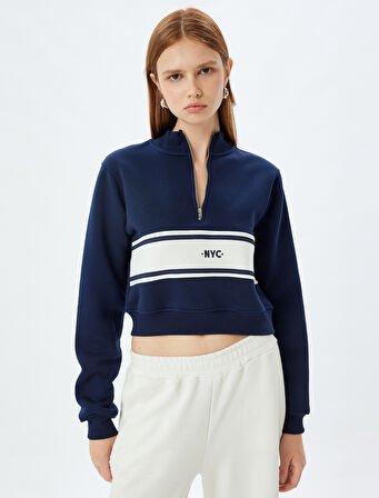 Renk Bloklu Üç İplik Şardonlu Yarım Fermuar Detaylı Crop Sweatshirt