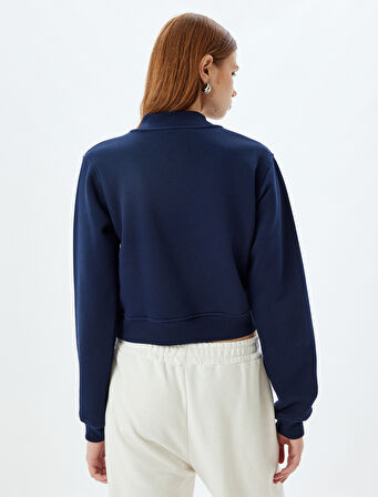 Renk Bloklu Üç İplik Şardonlu Yarım Fermuar Detaylı Crop Sweatshirt