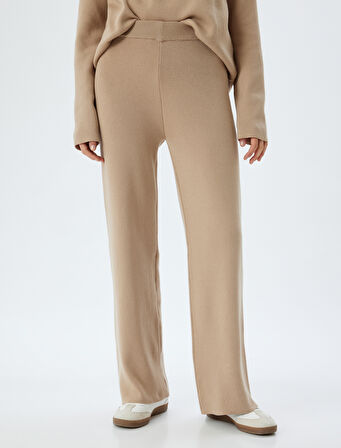 Standart Bel Düz Bol Paça Triko Pantolon