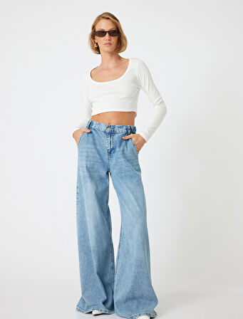 Uzun Kollu Crop Tişört Fitilli Derin Yuvarlak Yaka Pamuklu Slim Fit