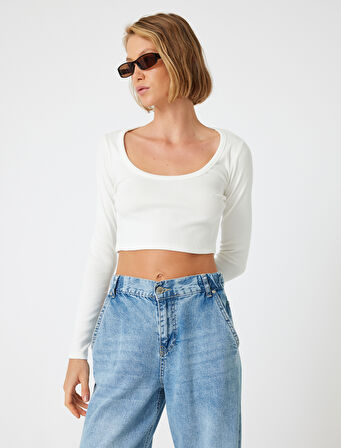 Uzun Kollu Crop Tişört Fitilli Derin Yuvarlak Yaka Pamuklu Slim Fit