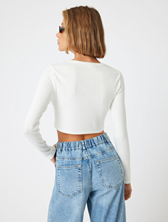 Uzun Kollu Crop Tişört Fitilli Derin Yuvarlak Yaka Pamuklu Slim Fit