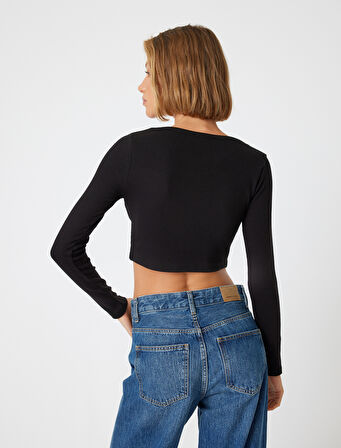 Uzun Kollu Crop Tişört Fitilli Derin Yuvarlak Yaka Pamuklu Slim Fit