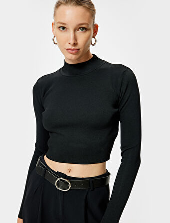 Basic Dik Yaka Kısa Triko Kazak Uzun Kollu Fitilli 