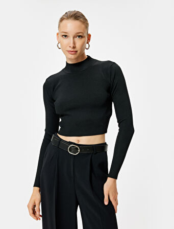 Basic Dik Yaka Kısa Triko Kazak Uzun Kollu Fitilli 