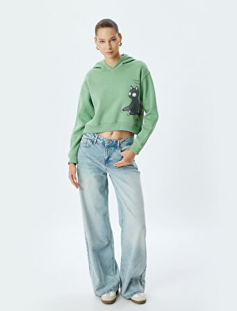 Crop Oversize Sweatshirt Kapüşonlu Kedi Baskılı Şardonlu