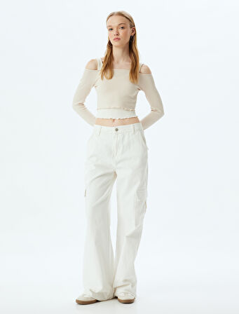 Uzun Kollu Tişört Crop Renk Bloklu Kalın Askılı Kayık Yaka